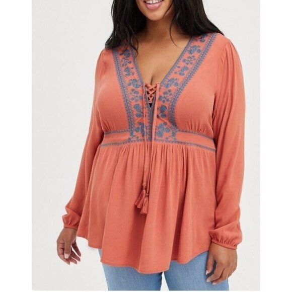 Torrid Top Womens 2X Rust Orange Embroidered Lace Up Babydoll Peasant Boho Gauzy - Picture 1 of 9